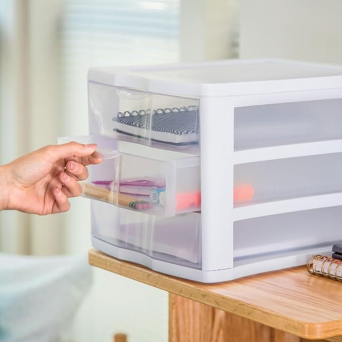 Sterilite 4-Pack 3 Drawer Unit, Stackable Plastic Organizer with Drawers, White Frame - Multi-Purpose Countertop Storage Containers for Office Supplies, Craft Rooms, Classrooms and Home Organization