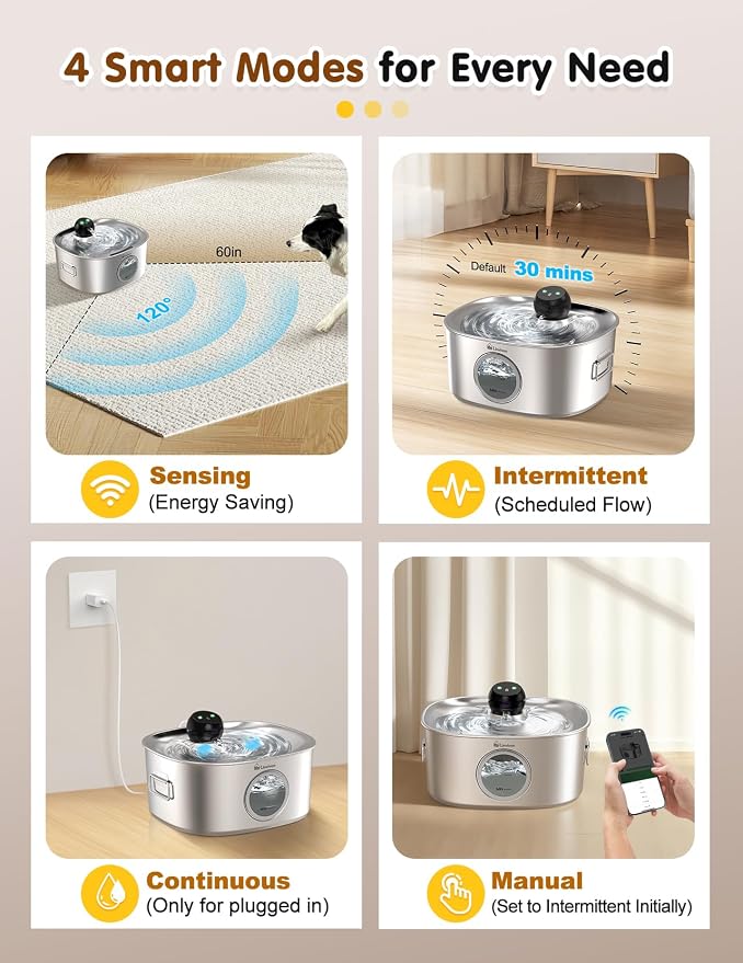 Stainless Steel Dog & Cat Water Fountain for Large Dogs and Cats | 10L /2.64Gal Cordless Dog Water Bowl Dispenser with 2.4G WiFi, Multi-filtered, Ideal for Multi-Pet Home