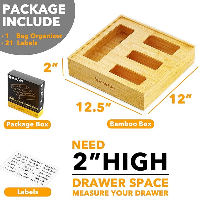 SpaceAid Bag Storage Organizer for Kitchen Drawer, Bamboo Organizer, Compatible with Gallon, Quart, Sandwich and Snack Variety Size Bag (1 Box 4 Slots, Natural, 2" High)