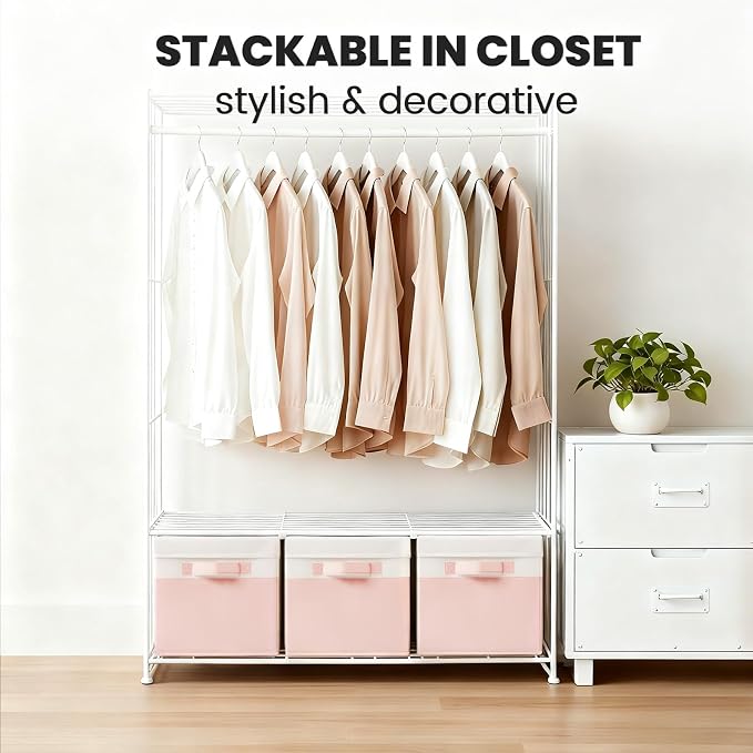 Large Closet Organizer Bins with Lids 8 Pack - Pink Storage Baskets for Shelves Nursery Bedroom Dorm RV - Stackable Decorative Closet Organization Box with Handles for Clothes Purse Blanket Towel