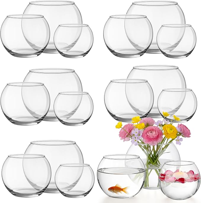 Sawysine 18 Pcs Fish Bowl Vase Bulk Round Glass Vases for Centerpieces | 4.5''Wx3.9''H, 3.9''Wx3.15''H, 3''Wx2.4''H Bubble Candle Dish for Wedding Event Table Goldfish Planter Floral DIY Home Decor
