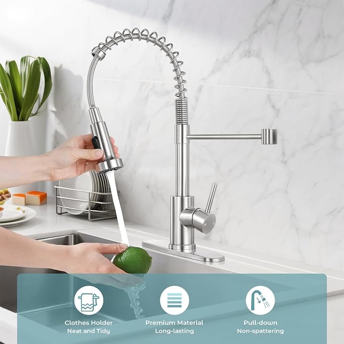 Kitchen Faucet with Soap Dispenser, Brushed Nickel | 360° high arc spout, single handle, fingerprint-resistant, drip-free valve, DIY install kit, NSF certified