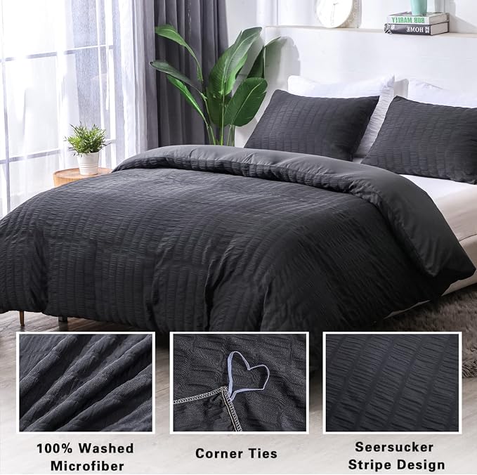 AveLom Seersucker Duvet Cover Set Queen Size (90 x 90 inches), 3 Pieces (1 Duvet Cover + 2 Pillow Cases), Black Ultra Soft Washed Microfiber, Textured Duvet Cover with Zipper Closure, Corner Ties