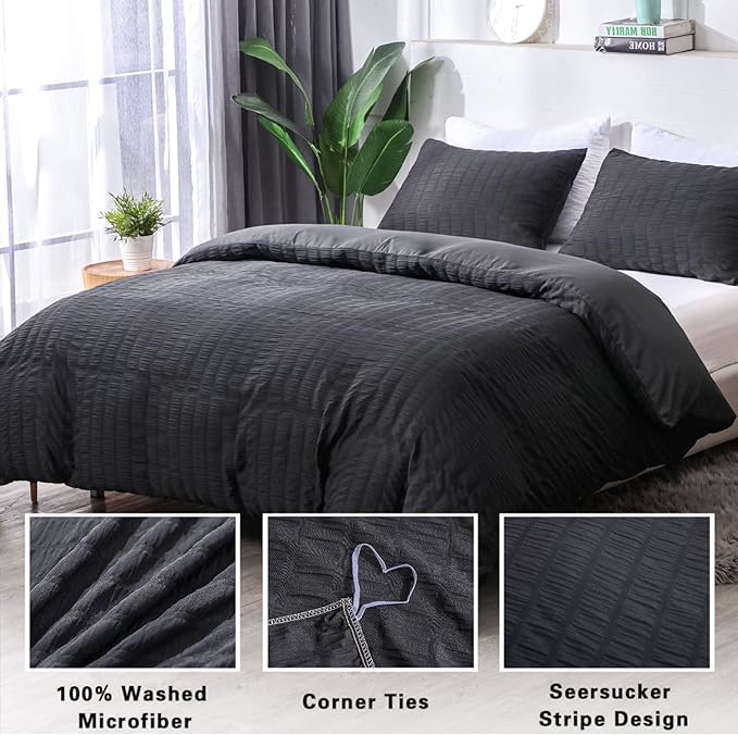 AveLom Seersucker Duvet Cover Set Full Size (80 x 90 inches), 3 Pieces (1 Duvet Cover + 2 Pillow Cases), Black Ultra Soft Washed Microfiber, Textured Duvet Cover with Zipper Closure, Corner Ties