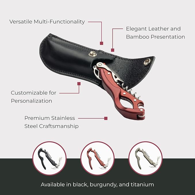 Morgan King Luxury Wine Bottle Opener with Custom, Personalized Engraving | Professional Waiters Corkscrew Wine Opener | Waiter Wine Bottle Opener | Stainless Steel Multi Wine Opener Gift (Burgundy)