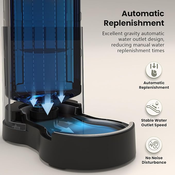 CZPET Elevated Dog Water Bowl Dispenser 8L (8L+Stand+Mat, Black) | With Stainless Steel Bowl Gravity Waterer, Large Capacity and Drinking Area Noise-Free for Pets