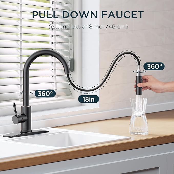 FORIOUS Oil Rubbed Bronze Kitchen Faucet with Soap Dispenser, High Arc Modern Sink Faucet with Pull Down Sprayer and Deck Plate Fit for 1 or 3 Hole for Pot Filler Bar Farmhouse Laundry Rv, ORB