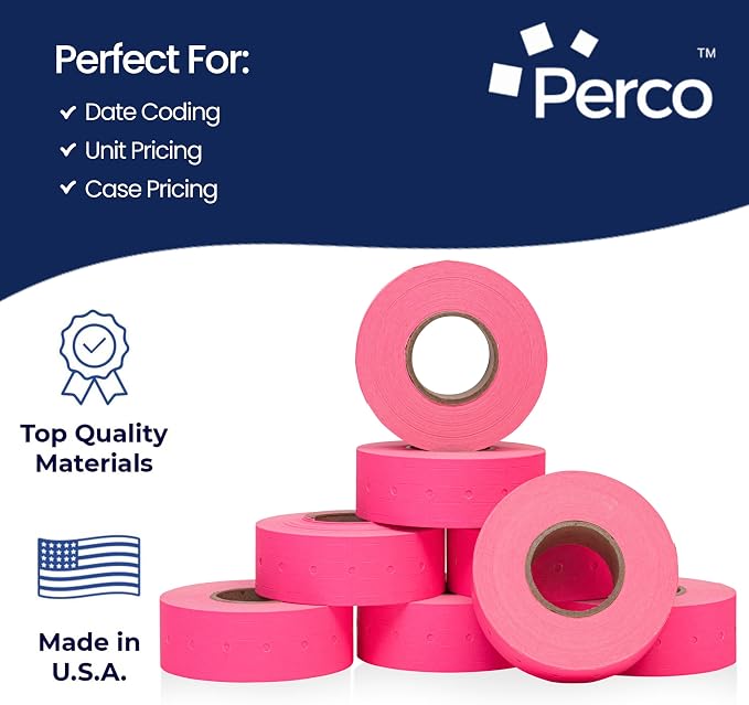 Perco 1 Line Fluorescent Pink Labels - 80,000 Blank Price and Date Gun Labels for Perco Lite, X, Plus and Pro 1 Line Price and Date Guns - 80 Rolls, 10 Sleeves - Made in USA