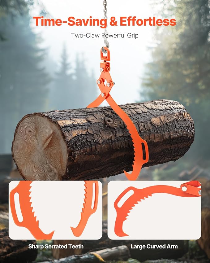 VEVOR 32in Log Lifting Tongs, 2-Claw Log Tongs, Heavy Duty Steel Log Grapple, 1543LBS Lifting Capacity, Swivel Log Graper Timber, Eagle Claw Design, Log Skidding Tongs for Trucks, Tractors, Forklifts