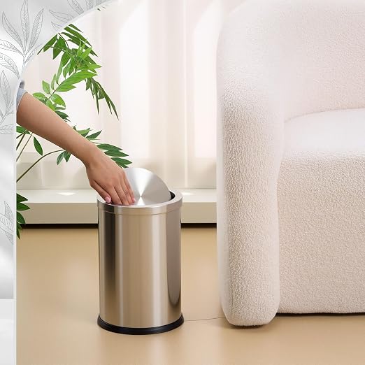 Maxdot 2 Pcs 2.4 Gallon/9 L Silver Bathroom Trash Can with Flip Lid and Toilet Brush Set, Small Luxury Stainless Steel Garbage Trash Can Wastebasket Bin for Home Office Hotel Bathroom Bedroom Kitchen