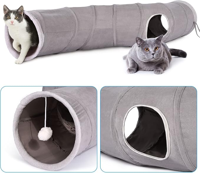 Ownpets S-Shape Cat Tunnel Toy 48"L x 10"D, for Cats, Puppies & Small Pets | Collapsible for storage, tear-resistant oxford fabric, connects to other tunnel, with peek hole, feather wand, indoor/outdoor