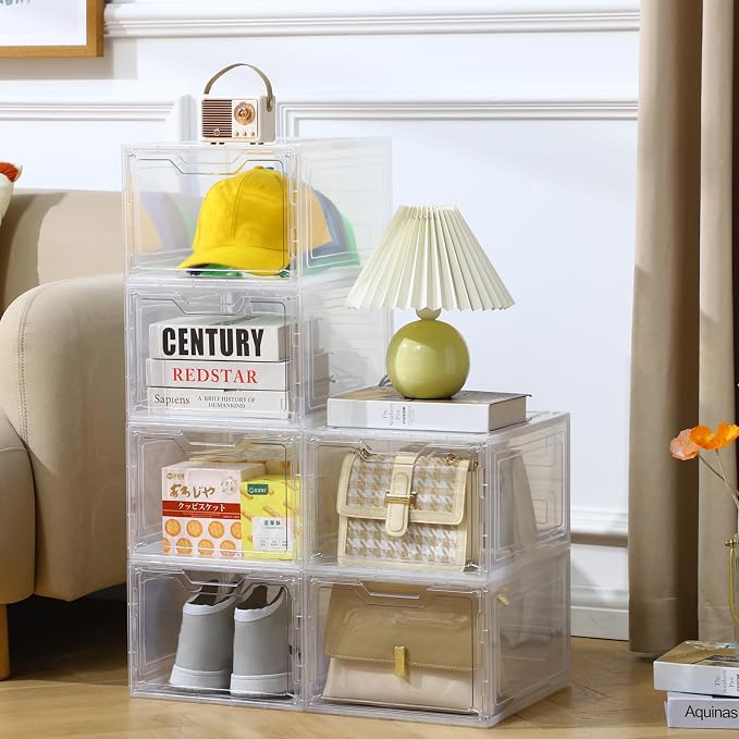 6 Pack Clear Storage Bins with Lids, 19 Qt Closet Organizers and Storage | Stackable, Magnetic Doors, Clothes Organizers and Storage, Purse Organizer, Craft Containers
