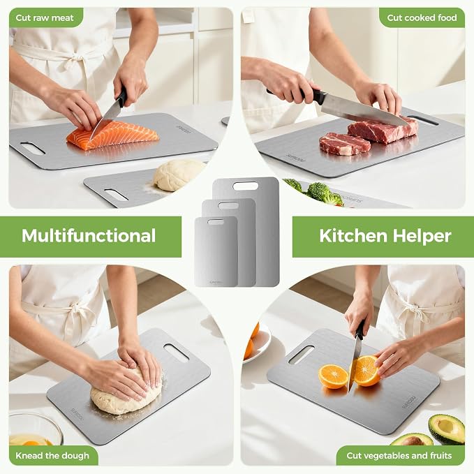 Titanium Cutting Board Set of 3, 100% Double-Sided Titanium Cutting Boards for Kitchen, Dishwasher Safe Non-Toxic Chopping Boards for Meat, Vegetables, Fruits, Raw and Cooked Food Prep (M+L+XL）