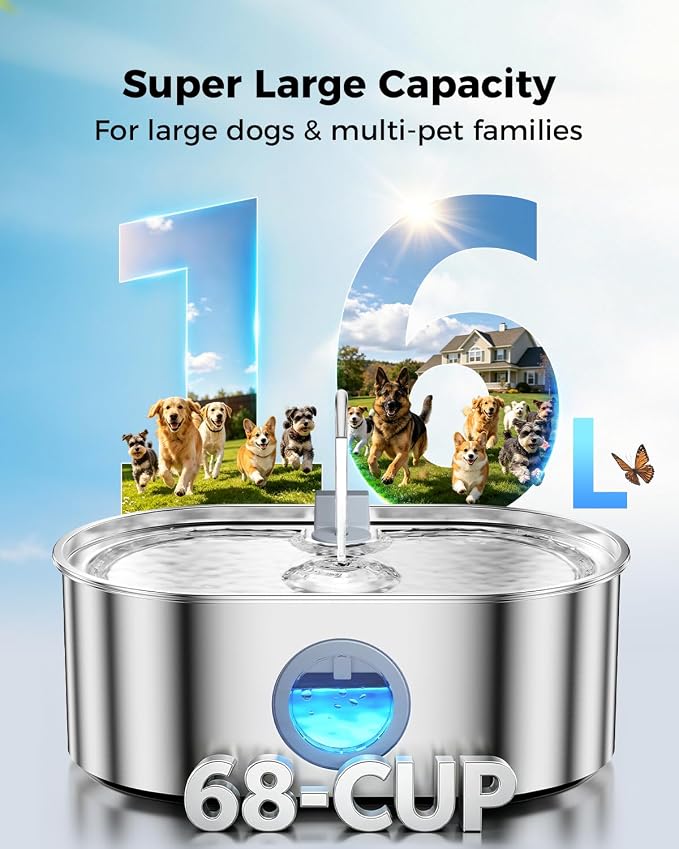 4.2Gal Extra Large Dog Water Fountain, 16L Stainless Steel Pet Water Fountain for Large Dogs, No Spill Dog Water Bowl Dispenser with Deeper Wider Bowl, 68-Cup Water Tank for Multi-Pet