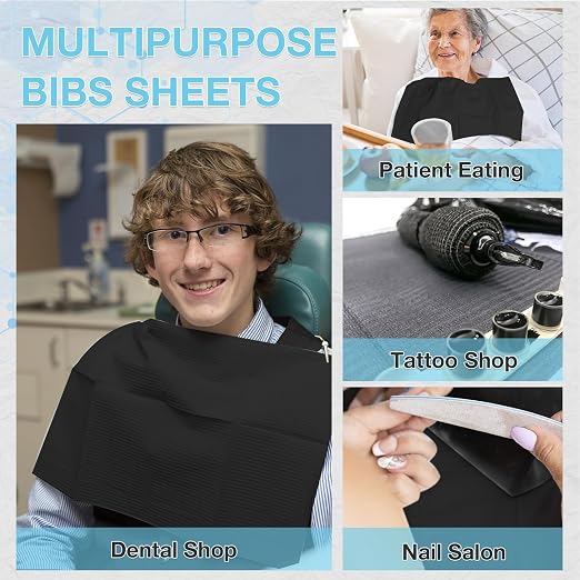 550 Pack Disposable Dental Bibs 13"x18", 3-Ply Waterproof Tattoo Bibs Sheet for Nail Salon, Dental Clinic, Feeding, Tattoo Shop (Black)