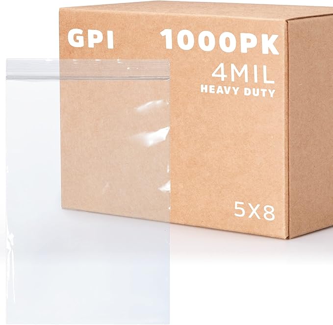 5" x 8" Heavy-Duty Zip Bags - 1000 Count - Clear Plastic Reclosable Zipper Baggies, 4 Mil Thick Freezer Storage Poly Bags with Resealable Zip Top Lock for Packaging Food, Tools & Sharp Objects.