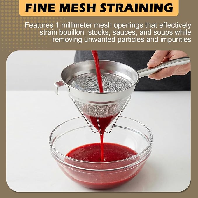 8 Inch Chinois Strainer,18/8 Stainless Steel Conical Fine Mesh Bouillon Sieve, Heavy Duty China Cap Strainers with Stand for Sauces Soups Broth Purees Jam
