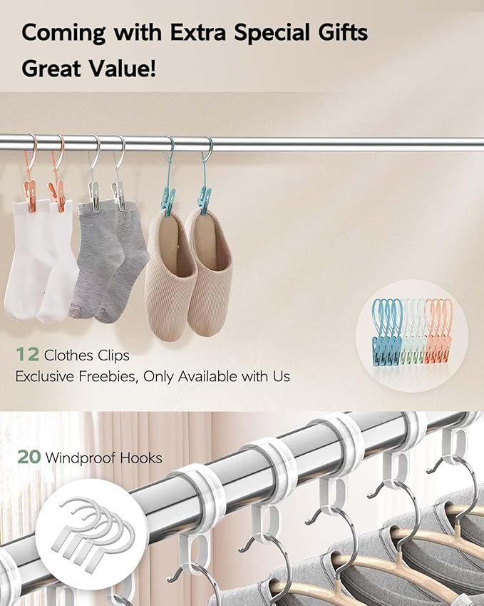 Vikaqi Clothes Drying Rack 79 Inches Folding Indoor Outdoor, Drying Rack Clothing Collapsible, Foldable Laundry Drying Rack, Heavy Duty Stainless Steel Clothesline, Garmet Rack, 20 Hooks 12 Clips