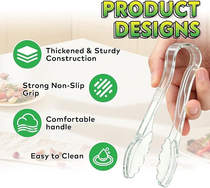 48 Pack Plastic Tongs for Serving, 9 Inch Heavy Duty Hard Plastic Serving Tongs with Scalloped Tips, BPA-Free Reusable or Disposable Serving Utensils for Buffets, BBQ, Parties & Catering