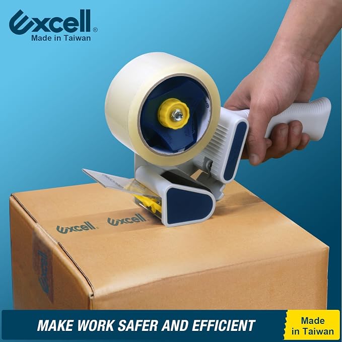 Excell Safeguard Packing Tape Dispenser with 1 Roll Transparent Tape, 2 Inch Wide Tape Gun with Pushflap Technology for Effortless Packaging, Box & Carton Sealing | Retractable Blade Cover for Safety, one-Hand use. Ideal for Shipping and Carton Sealing...