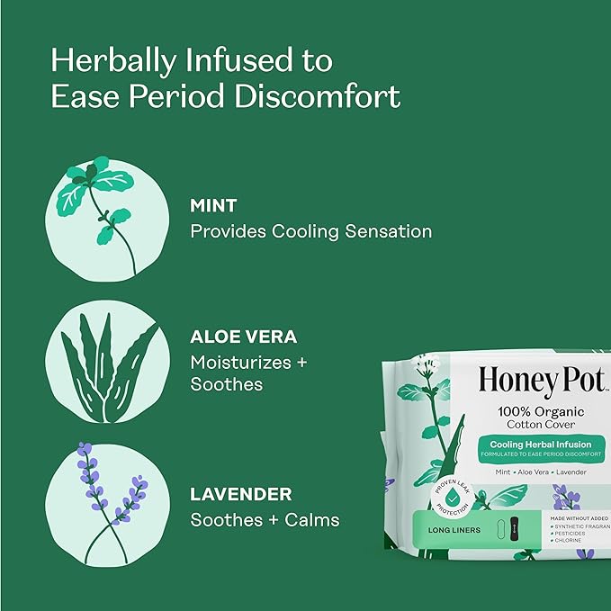 The Honey Pot Company - 120ct - Herbal Long Panty Liners for Women - Infused w/Essential Oils for Cooling Effect & Organic Cotton Cover - Feminine Care