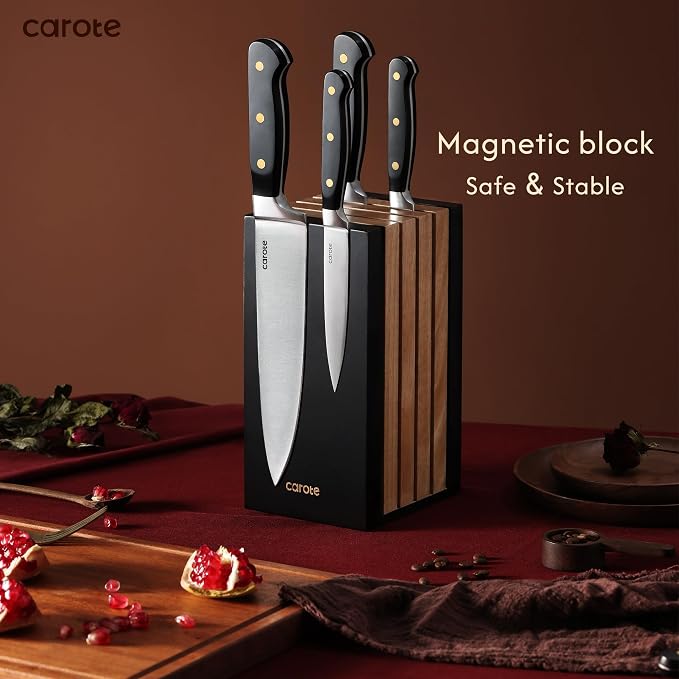 CAROTE 11 Pieces Knife Set with Block for kitchen, Stainless Steel Razor-Sharp Blade, Triple Riveted Ergonomic Handle, Wooden Magnetic Block, Essential Knife Block Set, Black