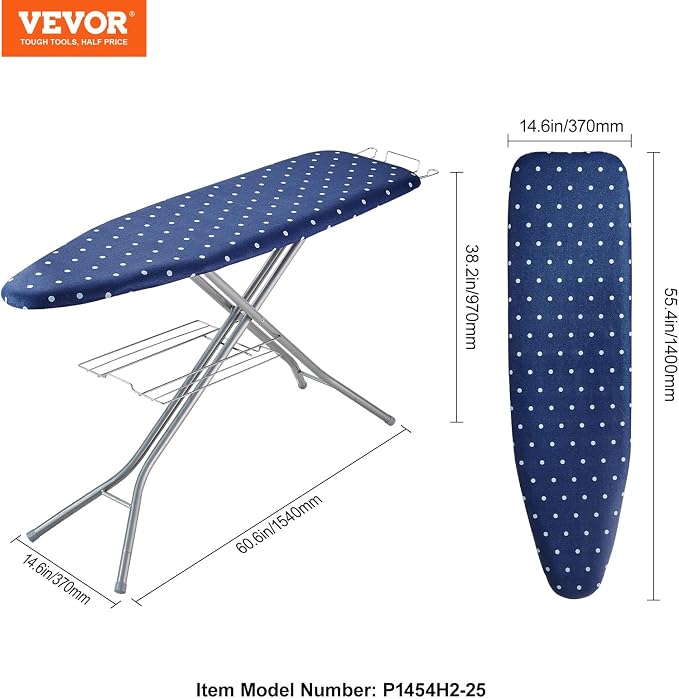 VEVOR Ironing Board with Bottom Storage Tray, Thickened 4 Layers Iron Board with Heat Resistant Cover and 100% Cotton Cover, 10 Adjustable Heights Ironing Board for Home Laundry Room Use (Size 55x15)