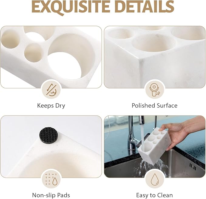 BCS Toothbrush Holder for Bathrooms, 6 Slots Open-Bottom Marble Toothbrush Organizer, Makeup Brush Stand Toothbrush Storage Collection for Bathroom Countertop Vanity Organization - Namib Bianco