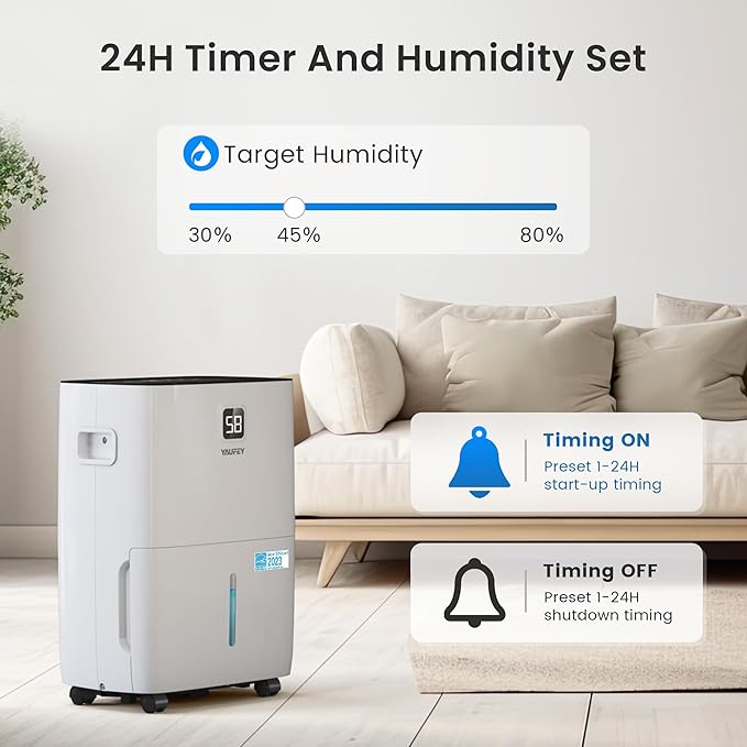 Yaufey 80 Pints Energy Star Dehumidifier for Home, Basement and Large Room up to 6000 Sq. Ft., with Drain Hose, Timer, Intelligent Humidity Control and Large Water Tank