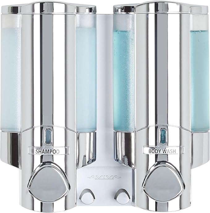 Better Living Products 76245-1 AVIVA Two Chamber Dispenser, Chrome | 2 Chamber, Builet-in Hooks, Flat Wall Installation, No Drill, Shower Soap Pump Dispenser