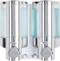 Better Living Products 76245-1 AVIVA Two Chamber Dispenser, Chrome | 2 Chamber, Builet-in Hooks, Flat Wall Installation, No Drill, Shower Soap Pump Dispenser