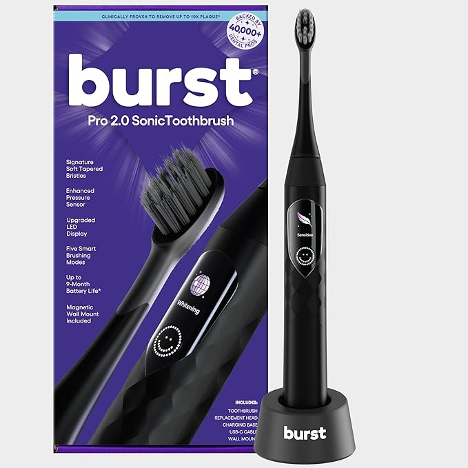 Burst Pro 2.0 Sonic Toothbrush for Adults (Black) | Electric Toothbrush with Smart Pressure Sensor | Soft Bristles | 5 Modes/Refined Scoring System | USB-C Charging | Magnetic Wall Mount