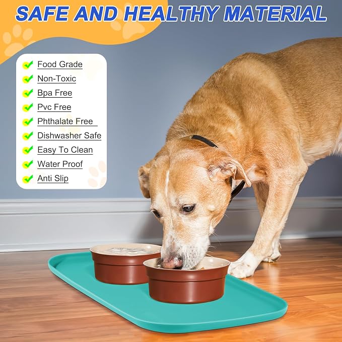 SMILOOL Waterproof Silicone Pet Food Mat with Raised Edge for Dog & Cat | 22" x 14" Non-Slip Pet Feeding Mats with Lip for Food & Water Bowl, Food Grade, Easy Cleaning, Dark Turquoise