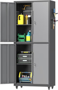 71" H Metal Tool Storage Cabinet with Lock and Wheels, Heavy Duty Garage Cabinet with 4 Doors and 2 Adjustable Shelves, Tool Organizer with Pegboard for Garage, Warehouse (Black&Gray, 71" H)