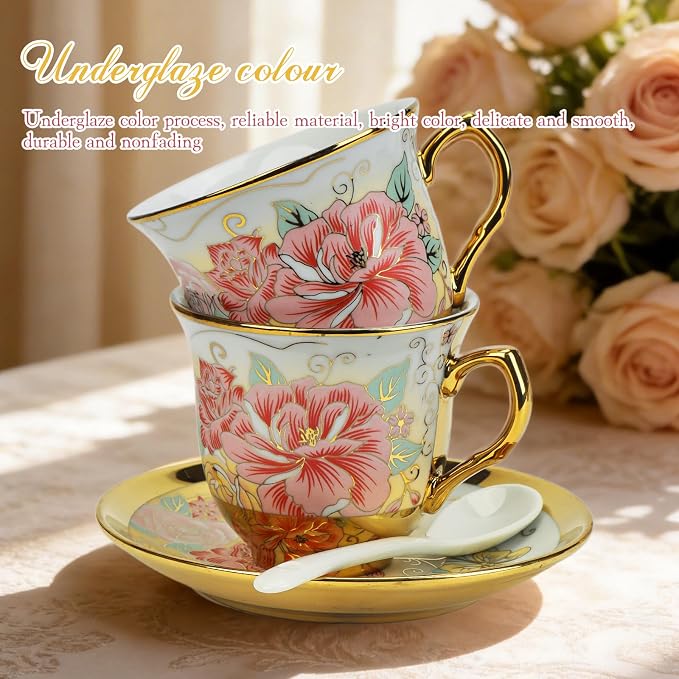 20 Pcs Porcelain Tea Set with Metal Holder and Spoon, European Ceramic Tea Set for Adults, European Flower Painting Teapot Cup Saucer Spoon Set for 6, Gift Pack (Pink and Gold)