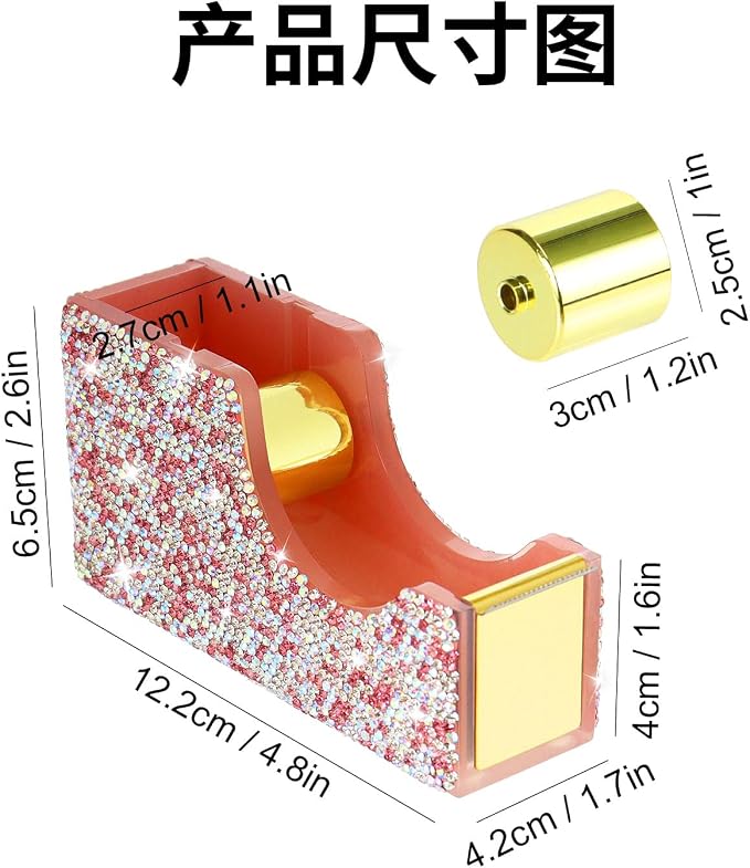 Buqoo Pink Bling Crystal Tape Dispenser, Sparkly Desktop Adhesive Tape Dispenser Cutter with Tape for Desk, Glitter Tape Holder Cutter Rhinestone for Office School