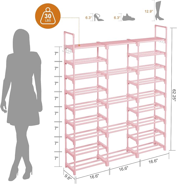 WOWLIVE 9 Tiers Shoe Rack Shoe Storage Shoe Organizer 50-55 Pairs Shoe Tower Unit Shelf Durable Metal Pipes with Plastic Connectors Stackable Cabinet Pink