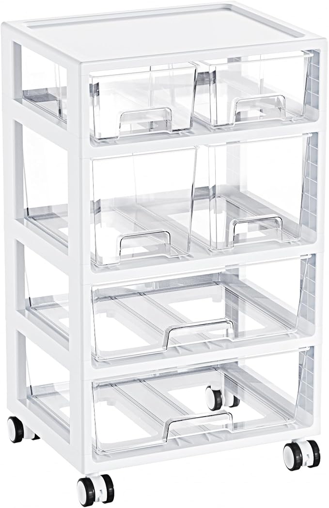 Vtopmart Plastic Drawer Storage Orangizer, 4 Tier 6 Drawers with Wheels for Office Supplies, Art Crafts, Under Desk Storage for Office, Bathroom, Dresser, 1 Pack/Clear