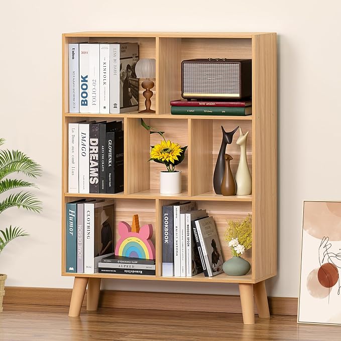 LEYAOYAO Cube Book Shelf, Mid-Century Modern Bookshelf with Legs, Natural | 3 Tier Bookcase, Rustic Wood Bookshelves Freestanding Small Storage Organizer, Open Shelves for Bedroom, Living Room, Office