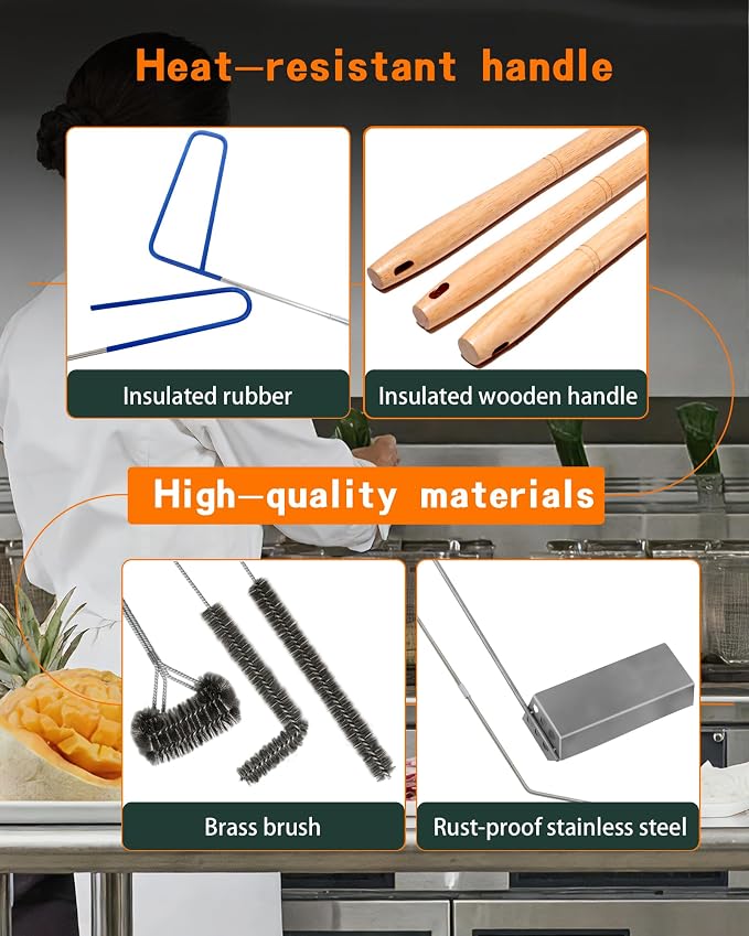 Fryer Cleaning Tool 5 Piece Set, for Commercial Kitchen, Fryer | Include Deep Fryer Basket Brush, Long Handle L-Shaped, Straight Crevice Cleaning Brush, Cleanout Rod, V-Shaped Strainer Scoop