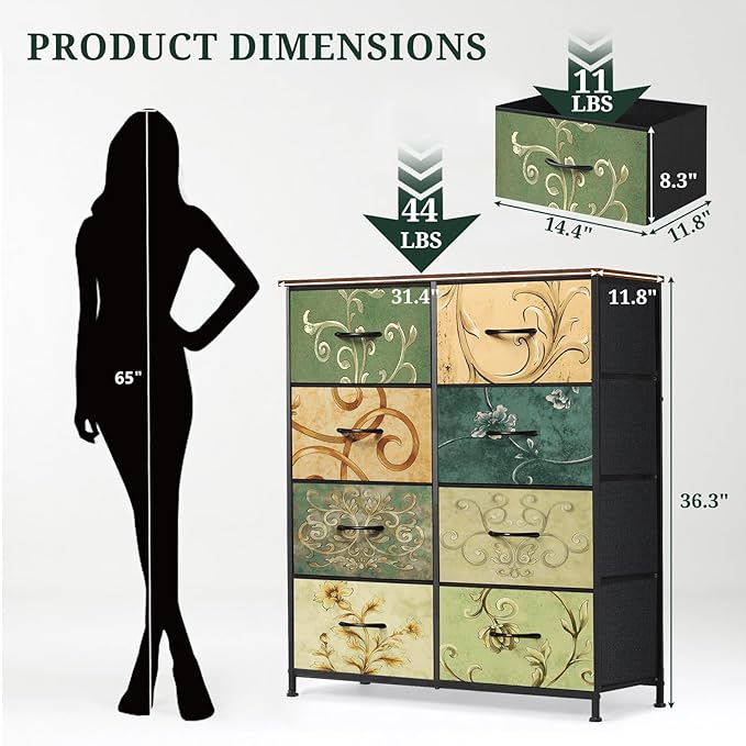 8-Drawer Dresser for Bedroom, Anti-Tip Tall Storage Organizer Chest of Drawers with Wooden Top and Metal Frame Fabric Bins for Closet, Living Room, Hallway, Entryway, Floral Painted