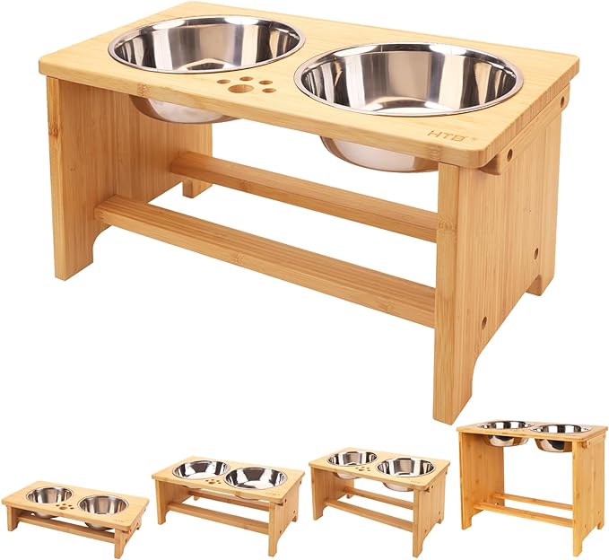 HTB Elevated Dog Bowls,Raised Dog Bowl Stand with 2 Stainless Steel Bowls,Elevated Raised Dog Bowls for Large Medium Small Sized Dogs | Raised Dog Bowl Stand, 10"tall, 48 Oz Bowls, for Large Sized Dogs, Pet-safe, Solid Bamboo