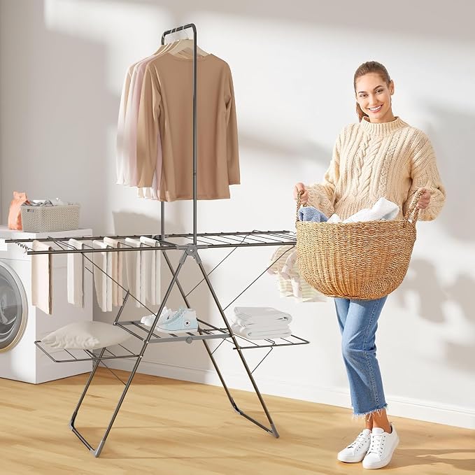Bigzzia Clothes Drying Rack Foldable, 3-Level Large Laundry Drying Rack Collapsible, Stainless Steel Drying Rack Clothing for Indoor Outdoor, Easy to Fold, Drying Rails 68.9" H, Gray