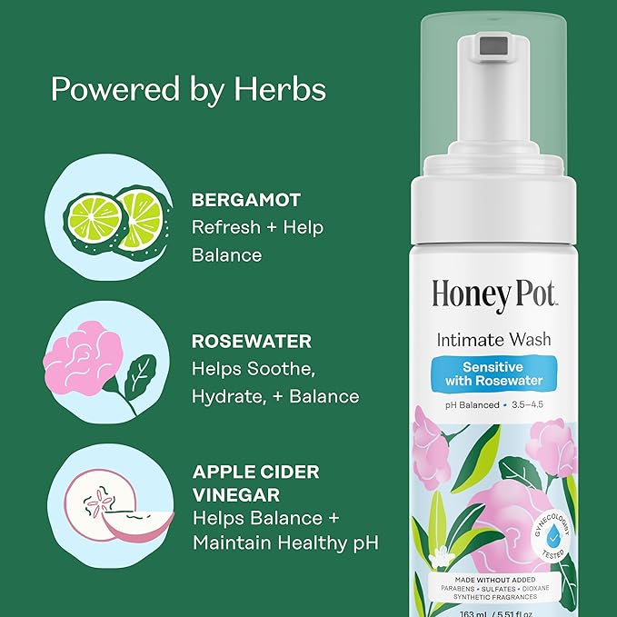 The Honey Pot Company - Feminine Wash - Sensitive w/Rosewater - pH Balanced, Herbal Infused Plant-Based Feminine Care for Sensitive Skin - Daily Intimate Cleanser for Women - 5.51 Fl Oz