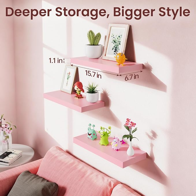 BAYKA Pink Floating Shelves for Wall Set of 3, 15.7in Wood Wall Shelves for Bathroom, Bedroom, Living Room Decor Organize, Hanging Shelf for Books/Storage/Display with 22lbs Capacity