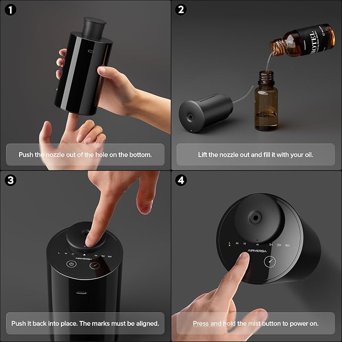 Airversa Waterless Essential Oil Diffuser Starter Kit with 2 x 30mL Fragrance Oil, Battery Operated Mini Scent Air Machine Portable Diffuser for Home Car Office Room, Black AN6 2 Packs Kit