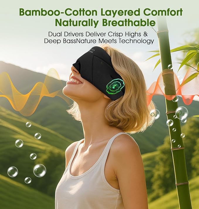 Sleep Mask with Headphones Bluetooth 5.4, LC-dolida Wireless Music Eye Mask for Sleeping Headphones with Soft Bamboo Cotton Cooling Breathable,Ultra-Thin Stereo Speaker for Side Sleepers-Ink