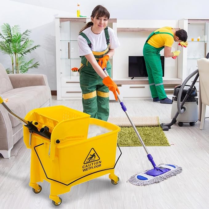 Commercial Mop Bucket on Wheels,Mop Bucket & Side Wringer Combo, Janitorial Cart Spring Wringer on Wheels Mop and Bucket with Wringer Set for Home & Industrial for Home Office Cleaning (1)