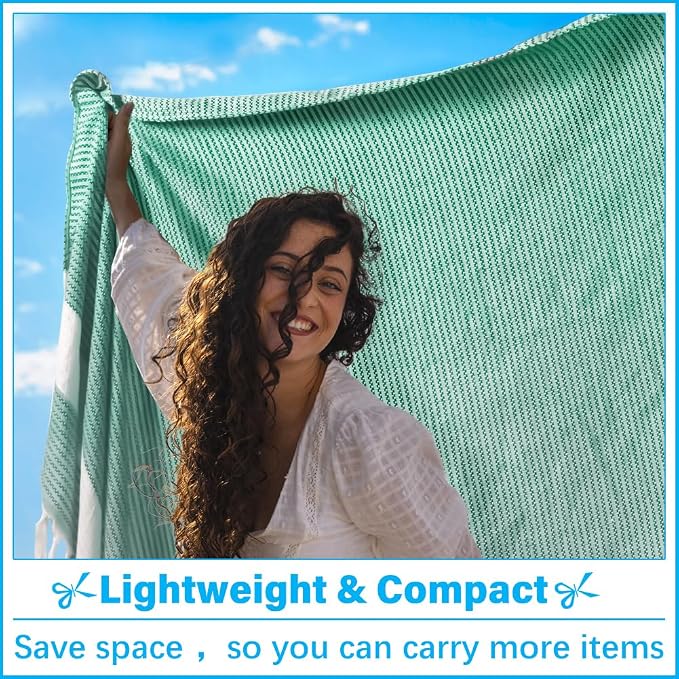 Vikumond Turkish Beach Towel Blanket Oversized 88x82 Inch Quick Dry Green | Lightweight Compact Portable Sand Free Absorbent Boho Woven Throw for Pool Swimming Picnic Camping Cruise Outdoor Essentials