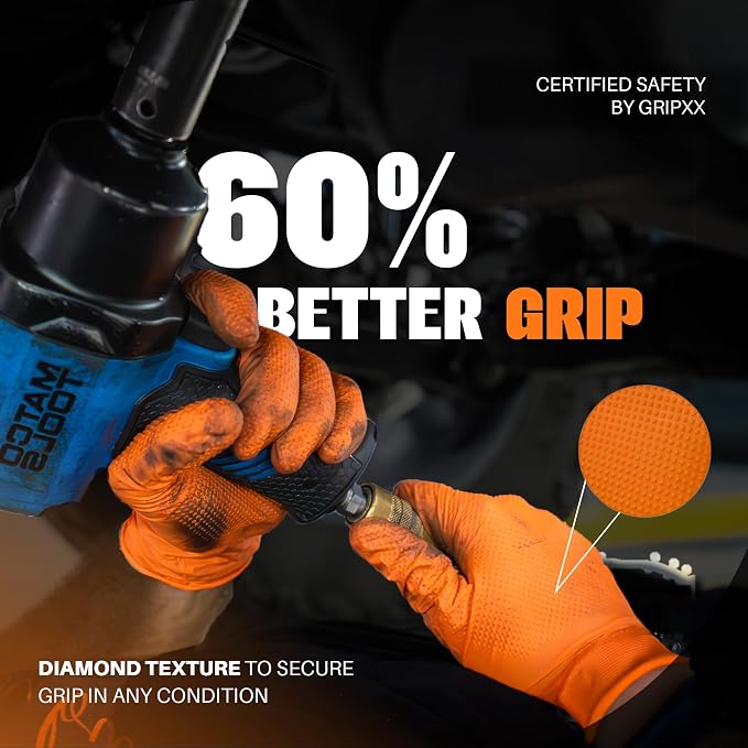 GRIPXX Herkules Grip Heavy Duty 8Mil Orange Nitrile Gloves,3D Raised Diamond Texture-Latex & Powder Free-Industrial, Mechanic (1, Medium)